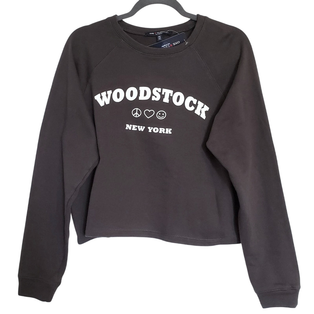 Woodstock NY Crop Sweatshirt Size S Love Peace Happiness Dark Gray Pullover NWT